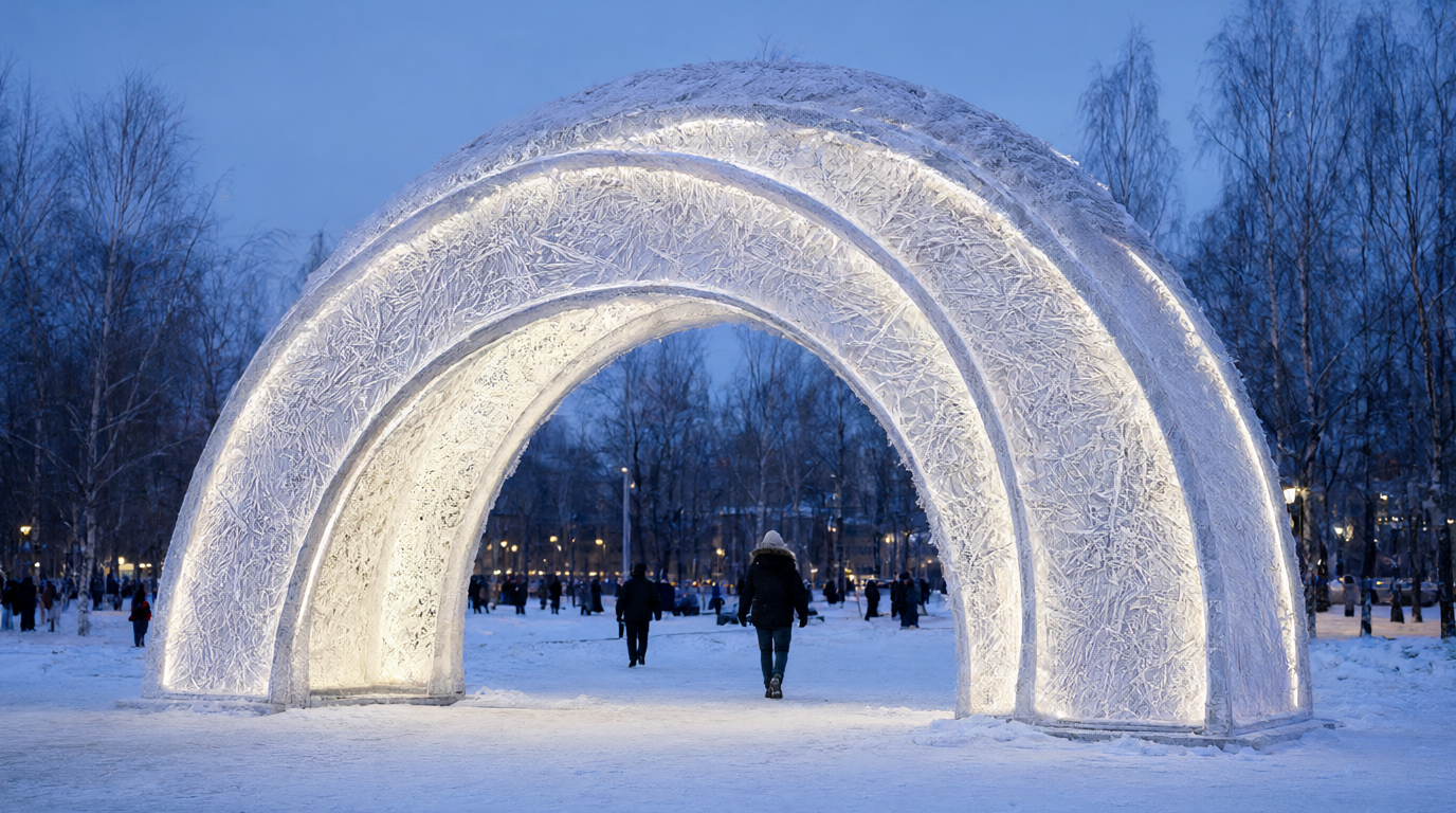 Зимняя световая арка в парке с теплой LED-подсветкой на фоне вечернего неба